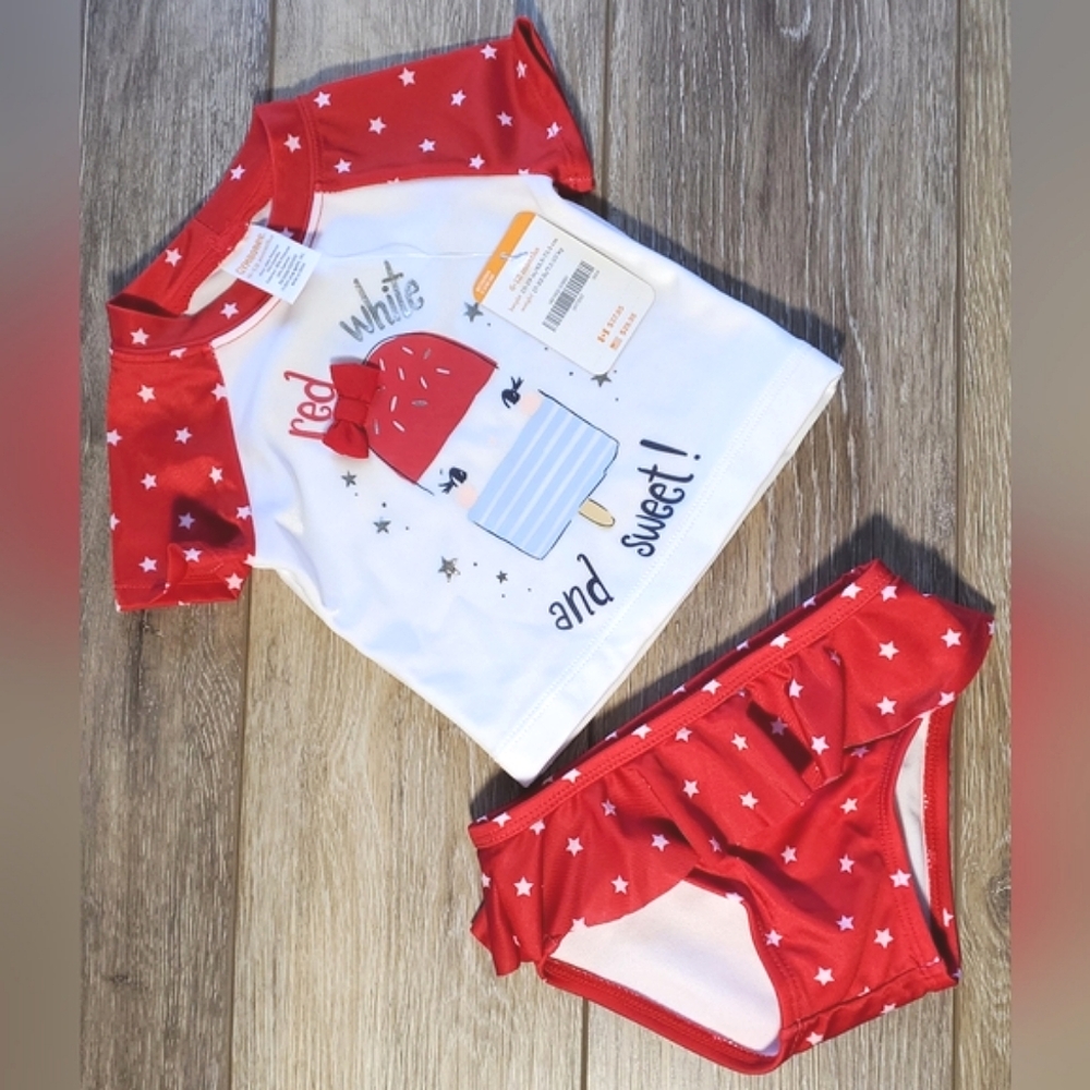 🇺🇲Gymboree baby's red, white & blue rashguard swim set Size 6-12M
